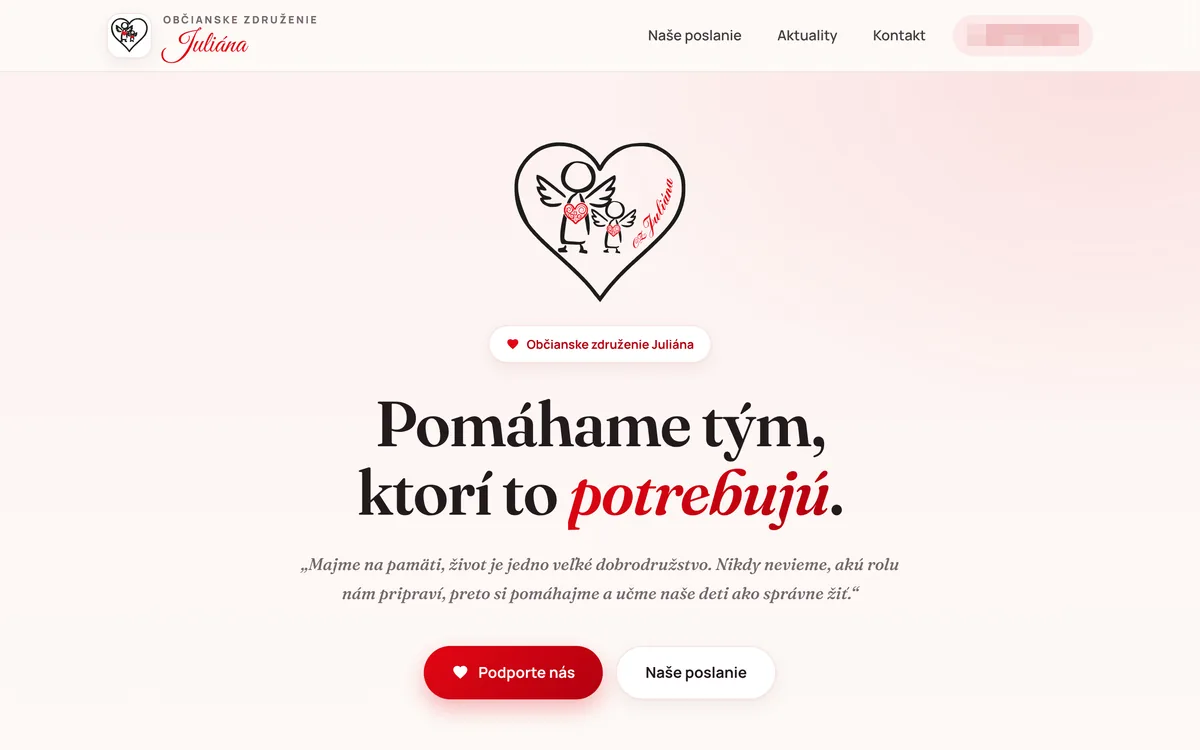 Úvodná stránka ozjuliana.sk po redizajne: veľké logo so srdcom, červený akcent, výraznejšie tlačidlá.